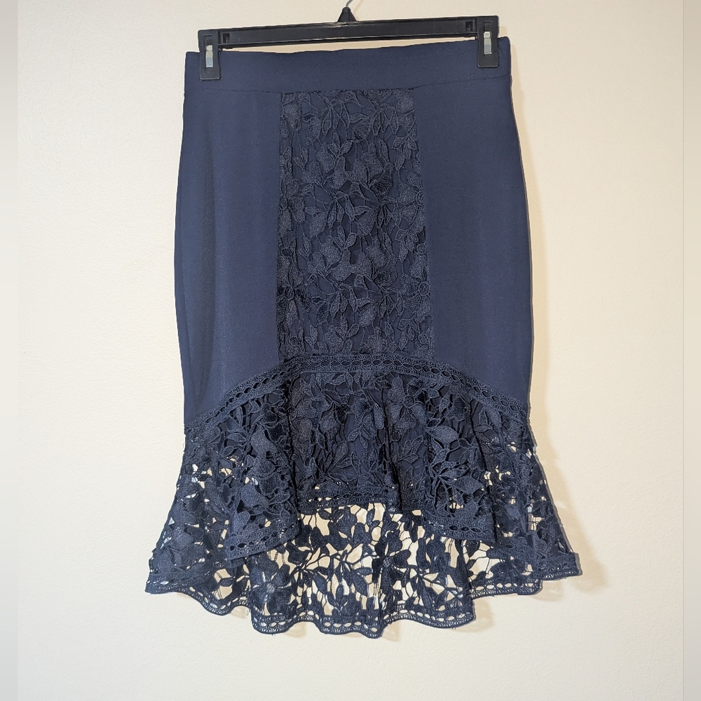 M Venus Blue Navy Lace Trumpet Pencil Skirt